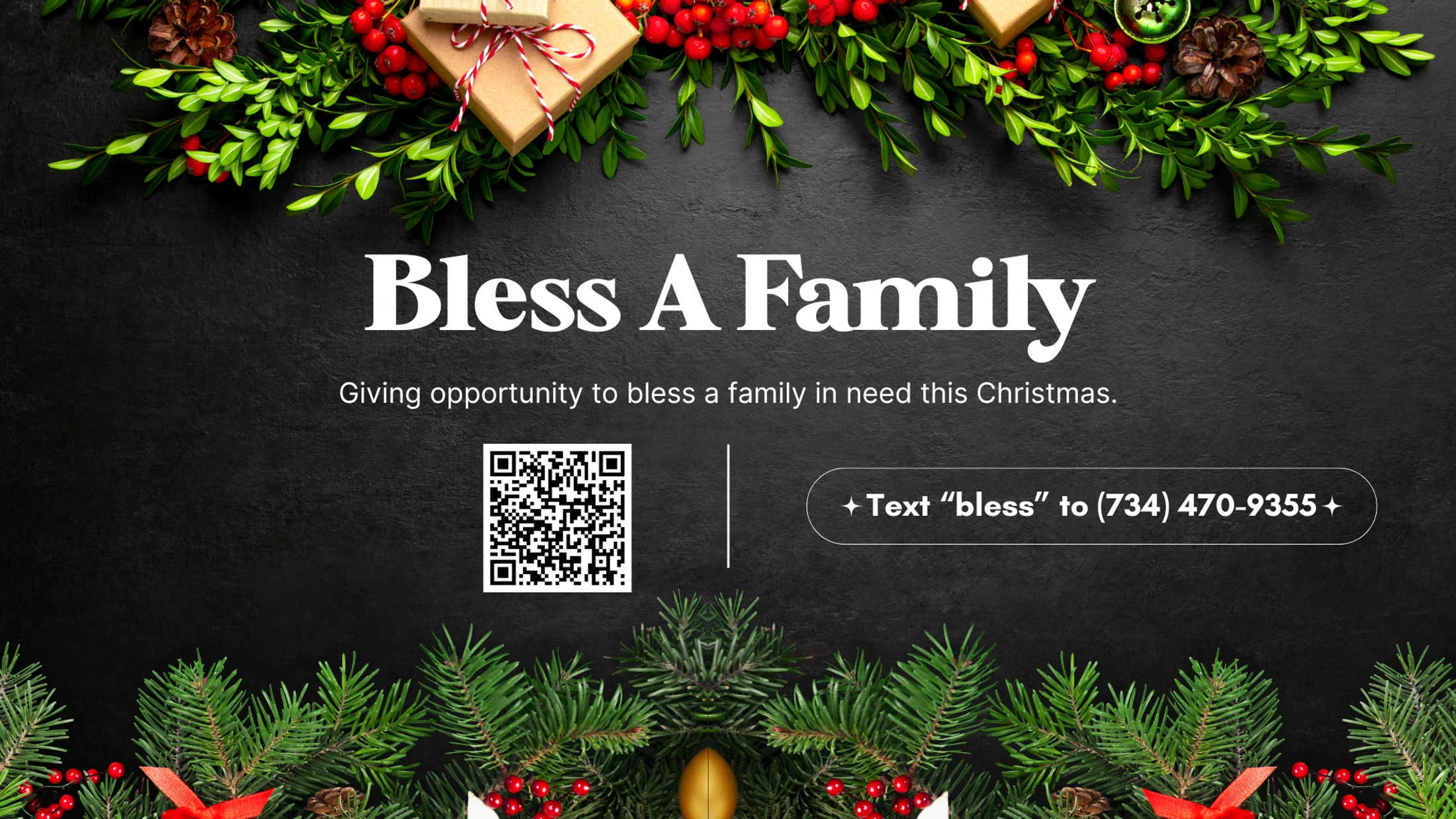 A promotional graphic for a 'Bless A Family' Christmas charity drive, showing a QR code and a number to text for donations, framed by festive garland.